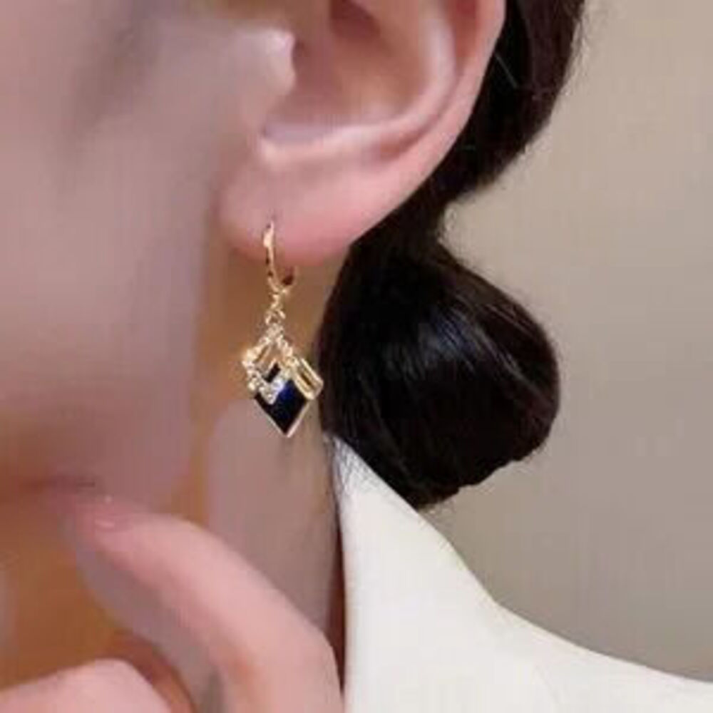 Gold Black Geometric Drop Earrings C Crystal Accent - Picture 2 of 3